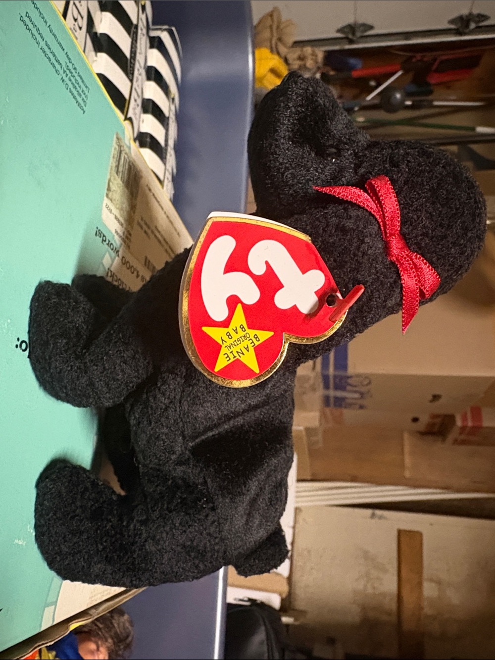 Ty Black Bear Plush with Red Ribbon - TY Beanie Baby 1998
